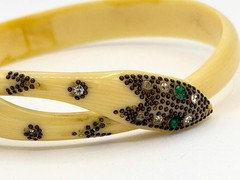Antique Art Deco Ivory Celluloid Paste Green-Eyed Snake ARM Band Bangle Bracelet