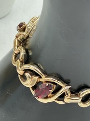 Barclay Signed Vintage Gold Tone Ruby Red Rhinestone Link Bracelet Safety Chain