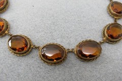 Antique Pre 1920s Czech Glass Necklace Brass Cognac Hue Stones 17″ Bold Estate