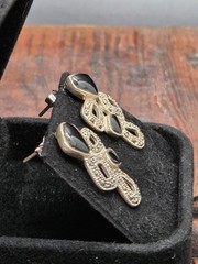 Vtg Art Deco Geometri Sterling Silver 925 Marcasite & Black Onyx Pierce Earrings