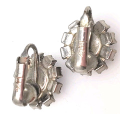 1950s JUDY LEE Clip On Earrings Sapphire Blue Rhinestone Flower Art Glass