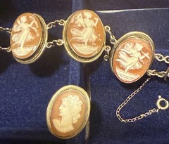 Vintage Italian 800 Silver Vermeil Cameo Jewelry Set Three Graces Clip Earrings