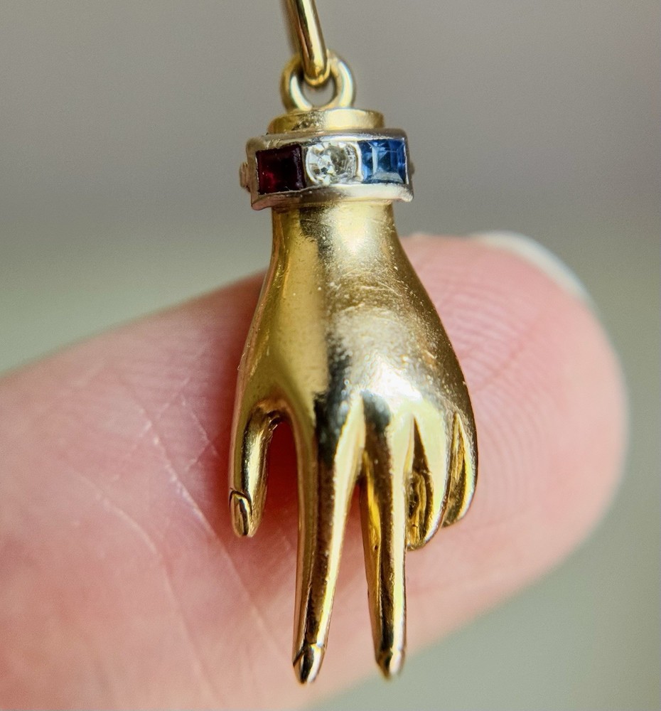 Antique Vintage 14K Gold Platinum Palladium Hand Pendant w Diamond Sapphire Ruby