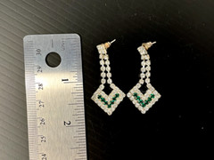 Vintage white and green rhinestone earrings, dangle, art deco costume