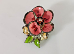 Vintage Pink and Green Enamel Painted Silver Tone Metal Floral Brooch 1″ x 1″