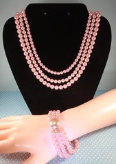 Vintage Pink Faux Pearl 3-Strand Necklace & Bracelet Set 1950s 1960s