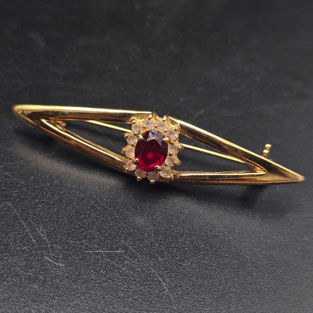 Red Rhinestone Art Deco Brooch Gold Tone Vintage Costume Jewelry