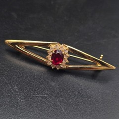 Red Rhinestone Art Deco Brooch Gold Tone Vintage Costume Jewelry