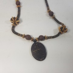 Wood Bead Necklace Flat Slices Disc Boho 29 in Pendant Naturecore Wooden