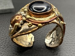 VTG Brutalist Mixed Metal Copper Silver Tone Wide Cuff Bracelet Black Stone 7”