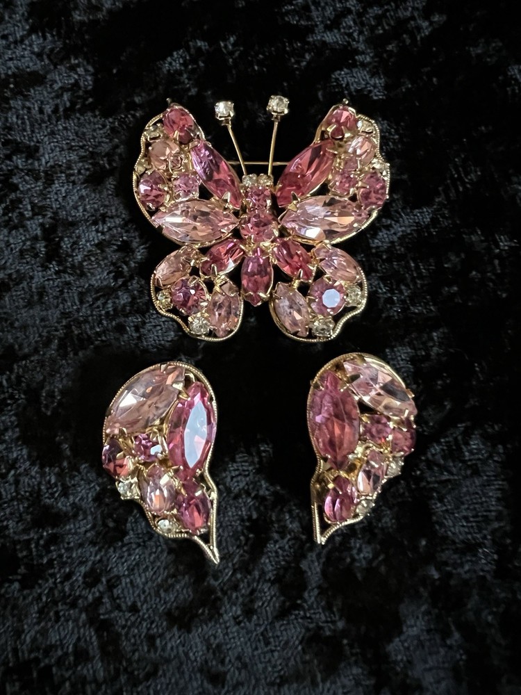Vintage Signed La Roco Pink Butterfly Brooch / Pin & Earring Set Mint Condition