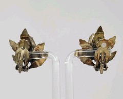 Vintage La Roco Green Yellow Rhinestone Gold Tone Earrings Clip Marquise Leaves