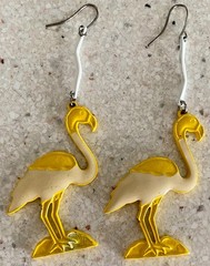 Vintage Enamel Flamingo Dangle Earrings Yellow Cream Tropical Retro Kitsch