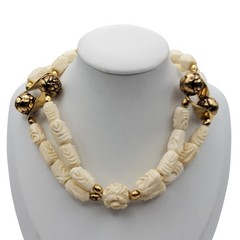 Acrylic Carved Off White Beaded Choker Necklace Brass Tribal Boho Ethnic Rose