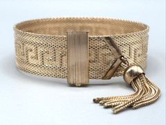 Vintage MCM Greek Key Gold Tone Mesh Slide Bracelet w/ Tassel