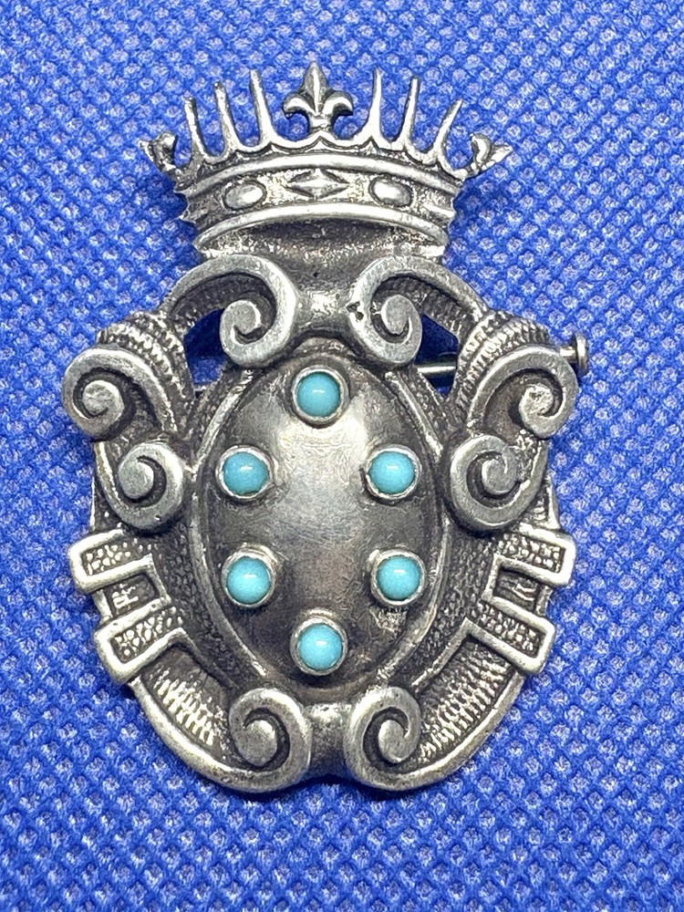 1890s Antique 50x40mm 800 Silver Crown Brooch Turquoise 22g Germany