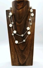 Carolee Vintage Necklace Crystal Accent Faux Pearl Extra long Silver tone 36 in