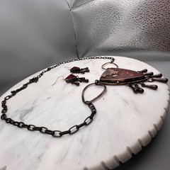 Copper Tone Statement Necklace Red Glass Cabochon Fringe Earrings Set Boho