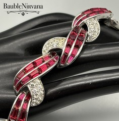 Vintage Boucher Cross Over Link Bracelet Red Baguettes&Clear Crystal Stones