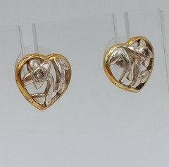 VTG 925 Open Heart Earrings 0.5in Sterling Silver 2g Vermeil Two Tone CZ Sparkle