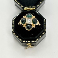 Antique Ring Blue-Green Tourmaline & Diamond 14k Yellow Gold Size 4.5