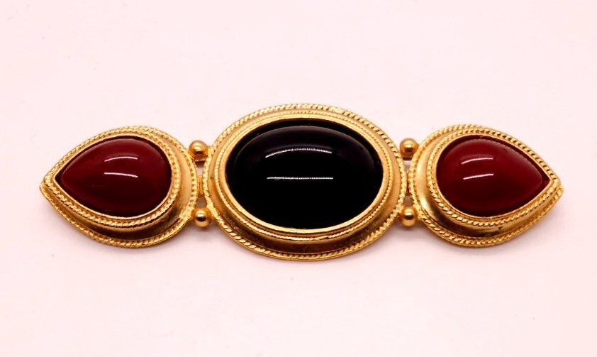 Vtg Agatha Paris Gold Tone Brooch Black And Reddish-brown Cabachons 3.5 Inches