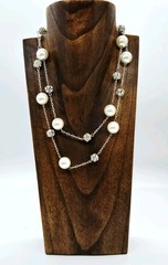 Carolee Vintage Necklace Crystal Accent Faux Pearl Extra long Silver tone 36 in
