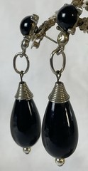Vtg 60s Chunky Dangling Earrings Black Geometric Silver Toned Hook