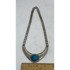 BIB 20” Necklace Silver Metal Bead Turquoise Plastic Stone Fashion Jewelry Gift