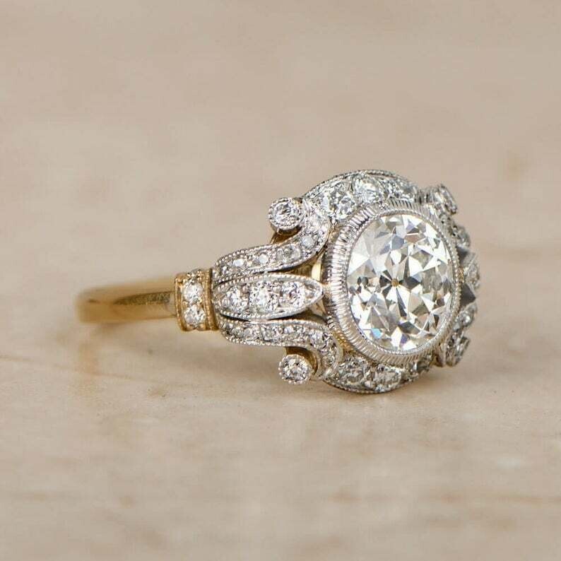Vintage Bazel Set Edwardian Circa Lab Created Diamond Art Deco 925 Silver Ring