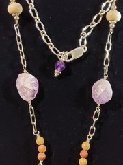 Vtg Sterling Silver Designer Long Pendant Necklace Natural Jasper & Amethyst…