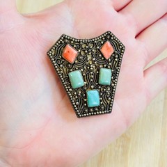 Antique Turquoise Coral Dress Clip Pin VTG Floral Chinese Export China 800 Rare