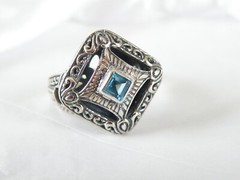 Sterling Silver 925 Heated Blue Topaz Etruscan Style Ring Size 9
