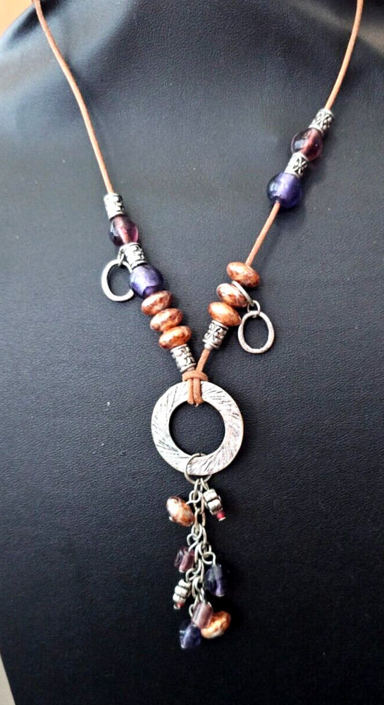 Leather cord Glass, Metal, Acrylic beaded dangle Necklace 32″