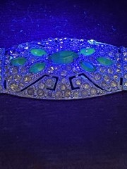 Art Deco Blue Uranium Glow Clear Paste Brooch w/ Baguette & Pavé Rhinestones 2”