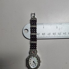 Vtg Silver Tone Marcasite W/ Garnet Beads Watch & Bracelet Set