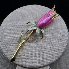 Vintage Park Lane Tulip Brooch Pink Green Enamel Goldtone 3.5 Inches