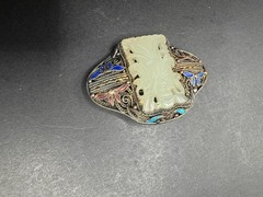 Antique Silver Cloisonne Carved Green Jade Pin/Brooch