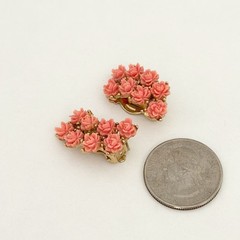 Vintage Faux Coral Carved Celluloid Rose Flower Climber Clip On Earrings 1″