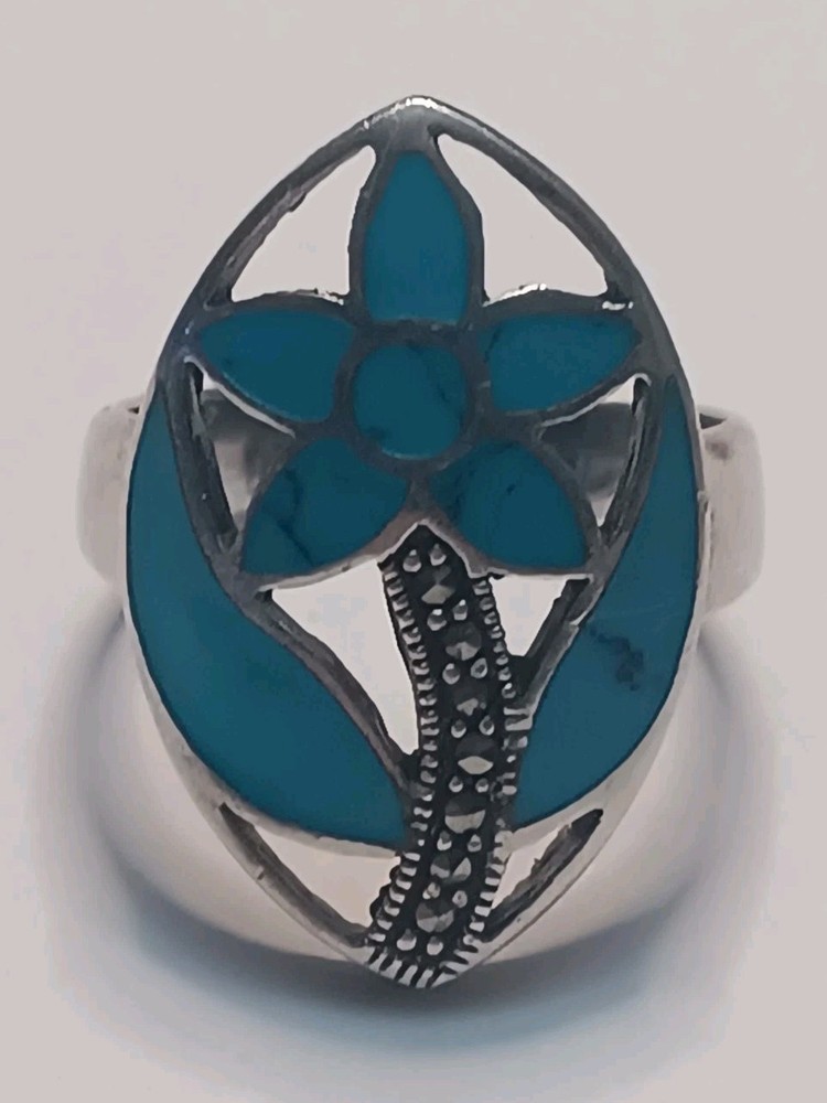 Vintage Size 9 Sterling Silver Marcasite & Blue Enamel Flower Ring