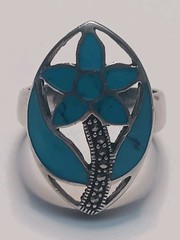 Vintage Size 9 Sterling Silver Marcasite & Blue Enamel Flower Ring