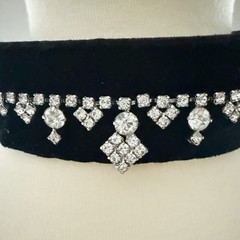 Handmade Victorian Black Velvet Trim + Rhinestone Choker – 14.5 in