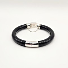 Art Deco Black Onyx Sterling Silver Bangle Bracelet Crystal Center 8” Wrist