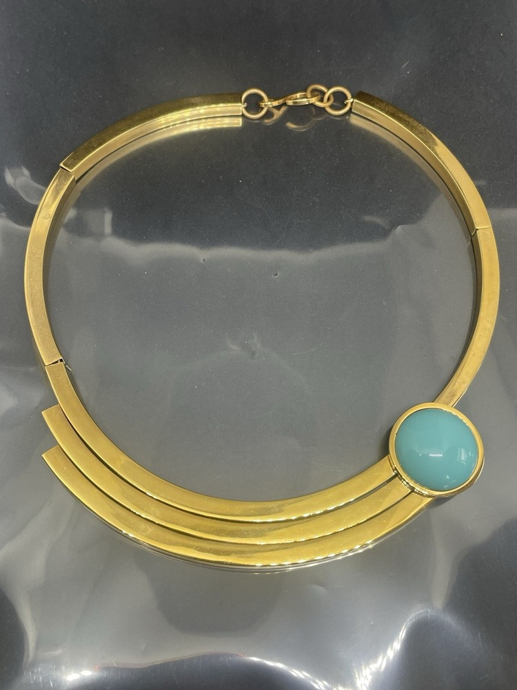 Vintage Mid Century Modern GoldTone Faux Turquoise Bar Chocker 15” Necklace