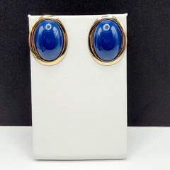 Modernist Navy Blue Slight Dome Lucite Oval Polished Gold Tone Pierced Earrings