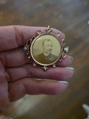 Victorian Mourning Brooch Man In Sepia photo 1800s C Clasp Gold Tone Opal