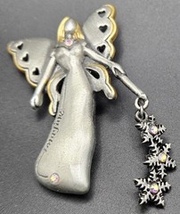 Vintage DD Signed Imagine Winter Fairy Angel Brooch Two Tone Pewter AB…