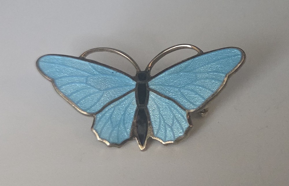 Vintage Mid-Century Blue Guilloche Enamel Gold Tone Butterfly Pin Brooch Dainty