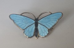 Vintage Mid-Century Blue Guilloche Enamel Gold Tone Butterfly Pin Brooch Dainty