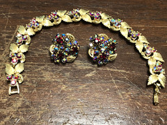VINTAGE RED AB AURORA BOREALIS BRACELET & CLIP ON EARRINGS SET
